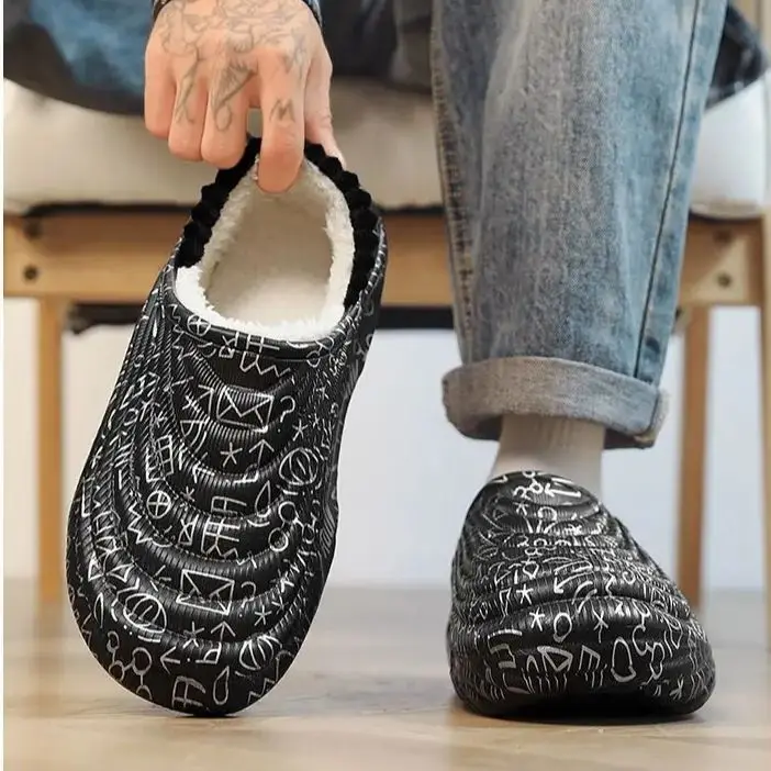 

Мужские зимние домашние тапочки с флисовой подкладкой, нескользящие, водонепроницаемые, теплые хлопковые тапочки с принтом, теплые