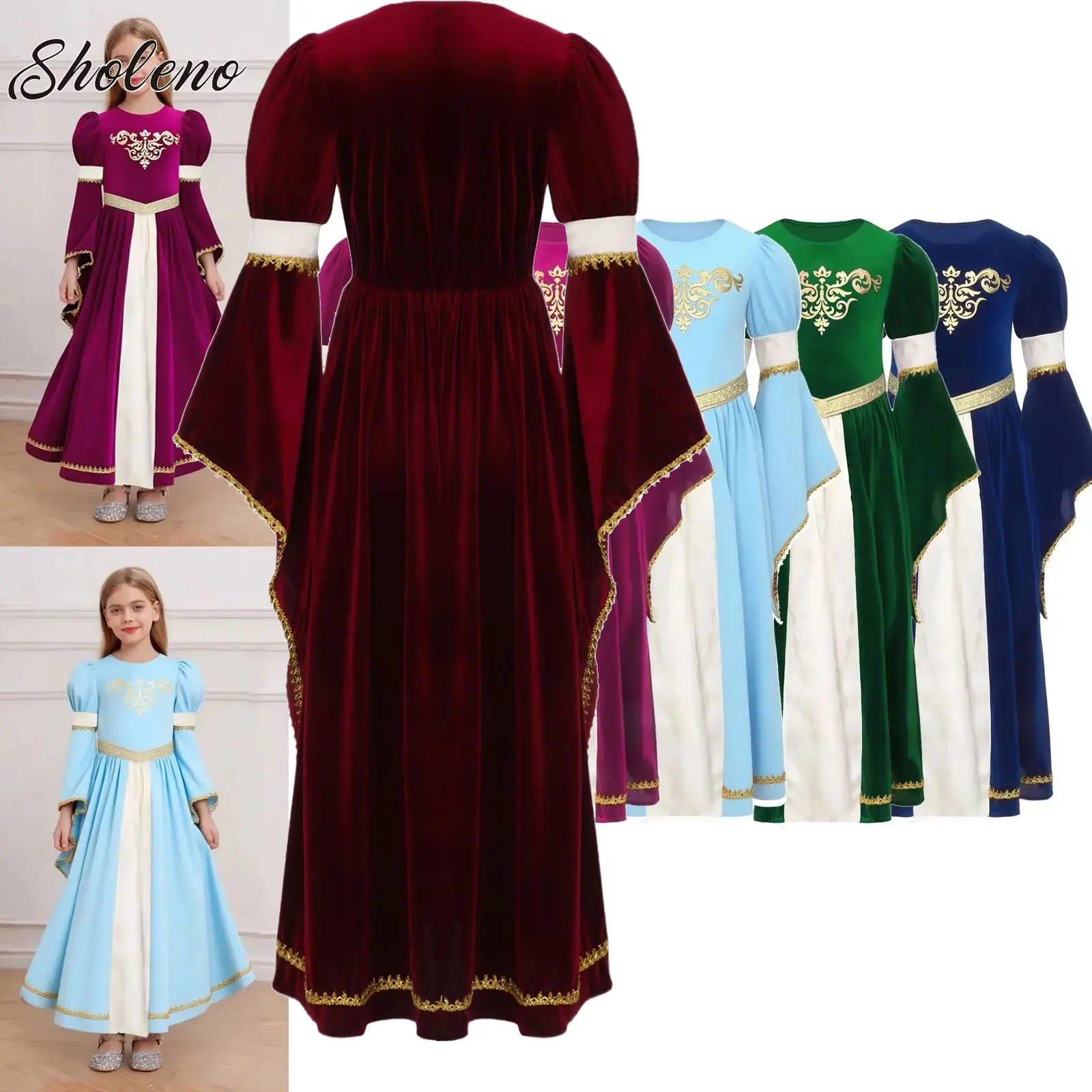 

Kids Girls Medieval Renaissance Costume Long Flare Sleeve Vintage Dress Gown Halloween Carnival Party Princess Cosplay Dress Up