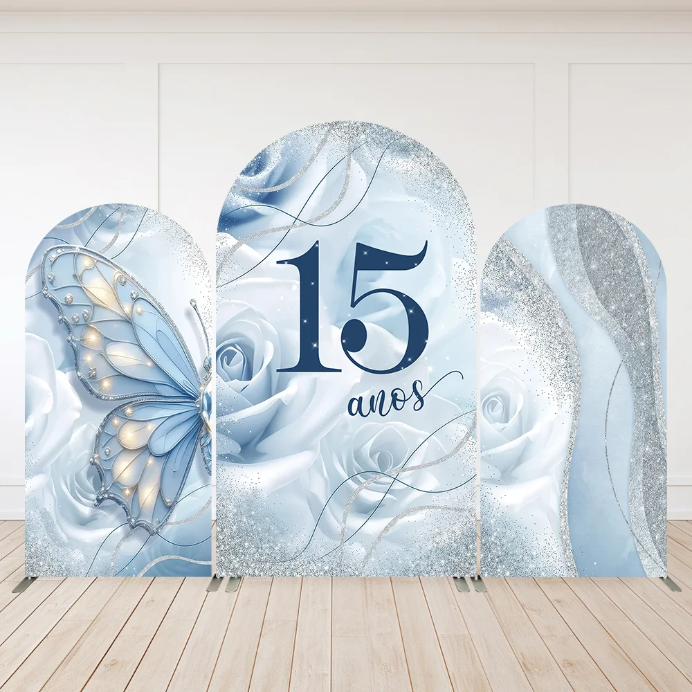 2-Sided Quinceanera Arch Backdrop Cover Blue Green Flower Princess Girl 15th Birthday Dress Background Butterfly Party Decors