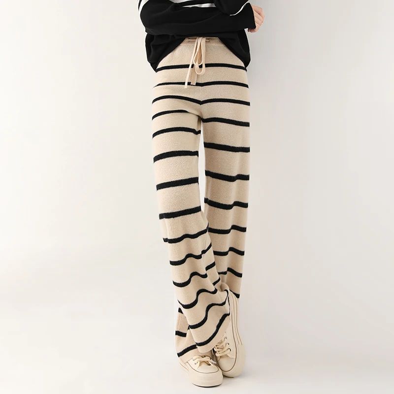 100% Merino wool women's striped autumn and winter thick style casual and fashionable knitted wide leg pants wool pants
