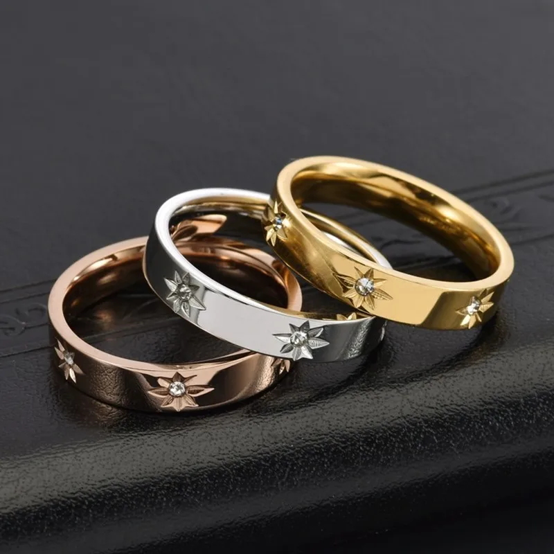 4mm Stainless Steel Inlay CZ Star Ring Wedding Band for Women Men Size 5-10