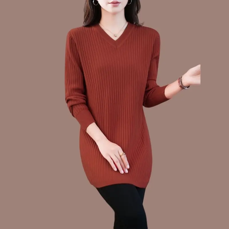 

Women's Pullover Solid V-Neck Mid Length Sweater Loose Plus Size Autumn and Winter Female Fashion Long Sleeve Knit Tops M111