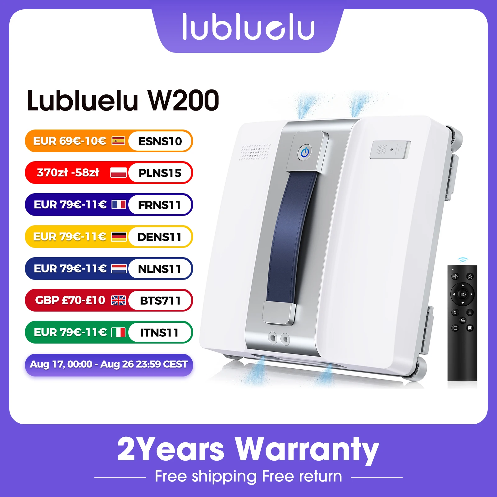 Lubluelu W200 Nettoyeur de vitres robotisé, aspiration industrielle 9kPa, 10 niveaux de sécurité, double buse, nettoyage ultrasonique, planification intelligente du trajet, poignée portable, nettoyage bord à bord