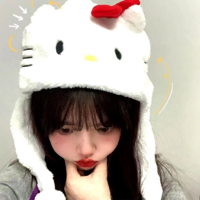 Kawaii KT Cat Plush Cap Cute Cartoon Hello Kitty Pullover Hat Thickened Warm Ear Protection Riding Hat For Girl Gifts