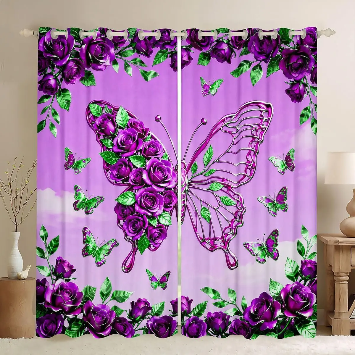 Elegant Purple Rose Floral Butterfly Pattern Curtain Panels Polyester Window Treatment for Bedroom Living Room Home Decor Decora