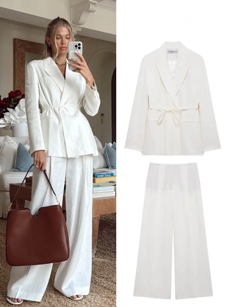 

HH Women's Suits White Turn-Down Collar Long Sleeves Lace-Up Blazers+High Waist Zipper Long Pants Female Spring Fashion Sets