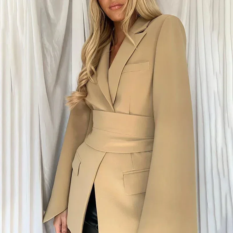 Women\'s Spring 2023 Fashion Blazer Slim Fit Business Blazer and New Tie Waist Jacket Retro Khaki Black Ladies Cardigan Tops