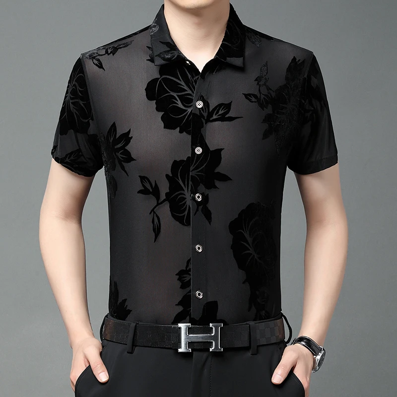 Transparent Shirt for Man 2023 Summer Sexy See Through Clothing Tops Mens Short Sleeve Floral Silk Dress Shirts