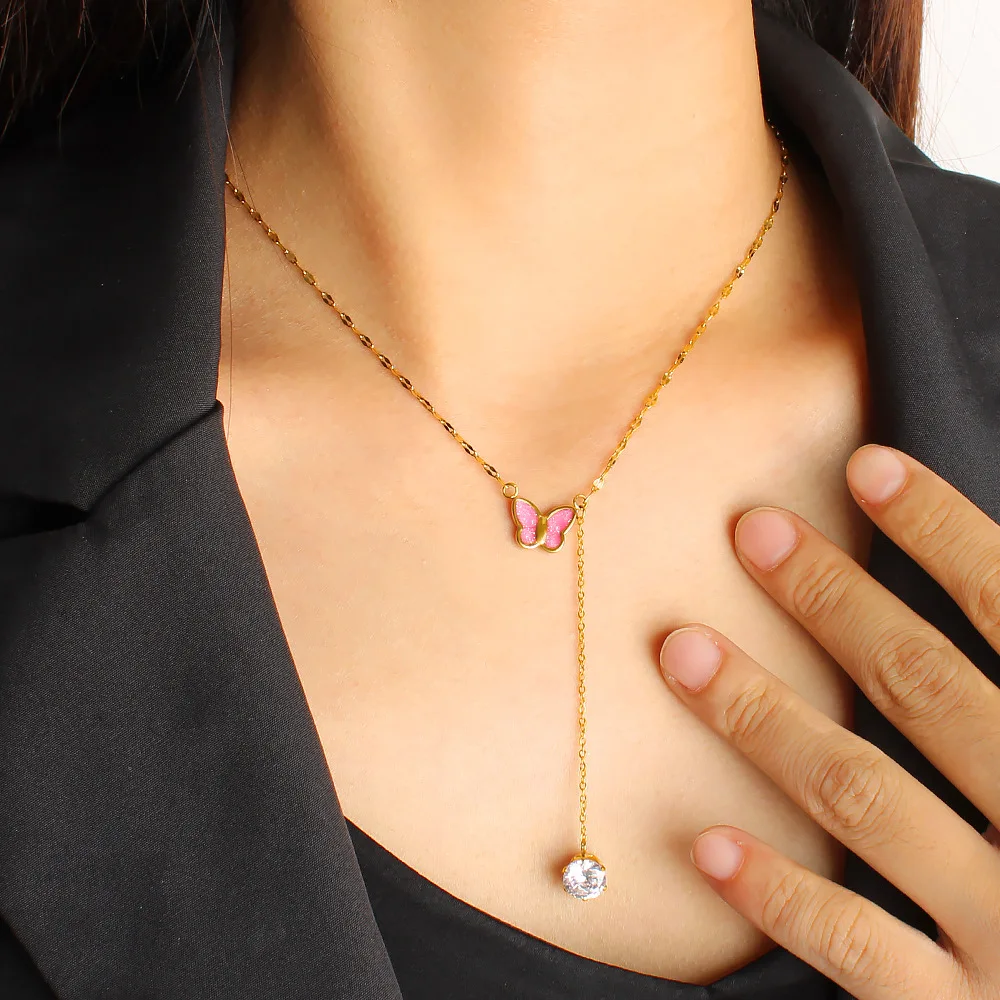 DIY accessories Pink butterfly pendant, high-grade zircon pendant, long sweater chain, stainless steel gold niche design collarb
