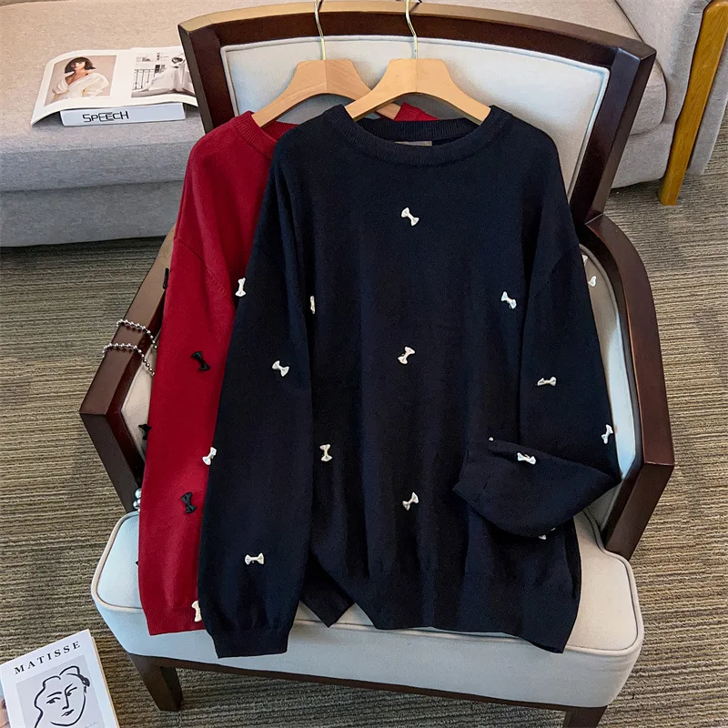

170Kg Plus Size Women's Bust 160 Autumn Loose Round Neck Long Sleeved Pullover Bow Sweater Knitted 4XL 5XL 6XL 7XL 8XL 9XL