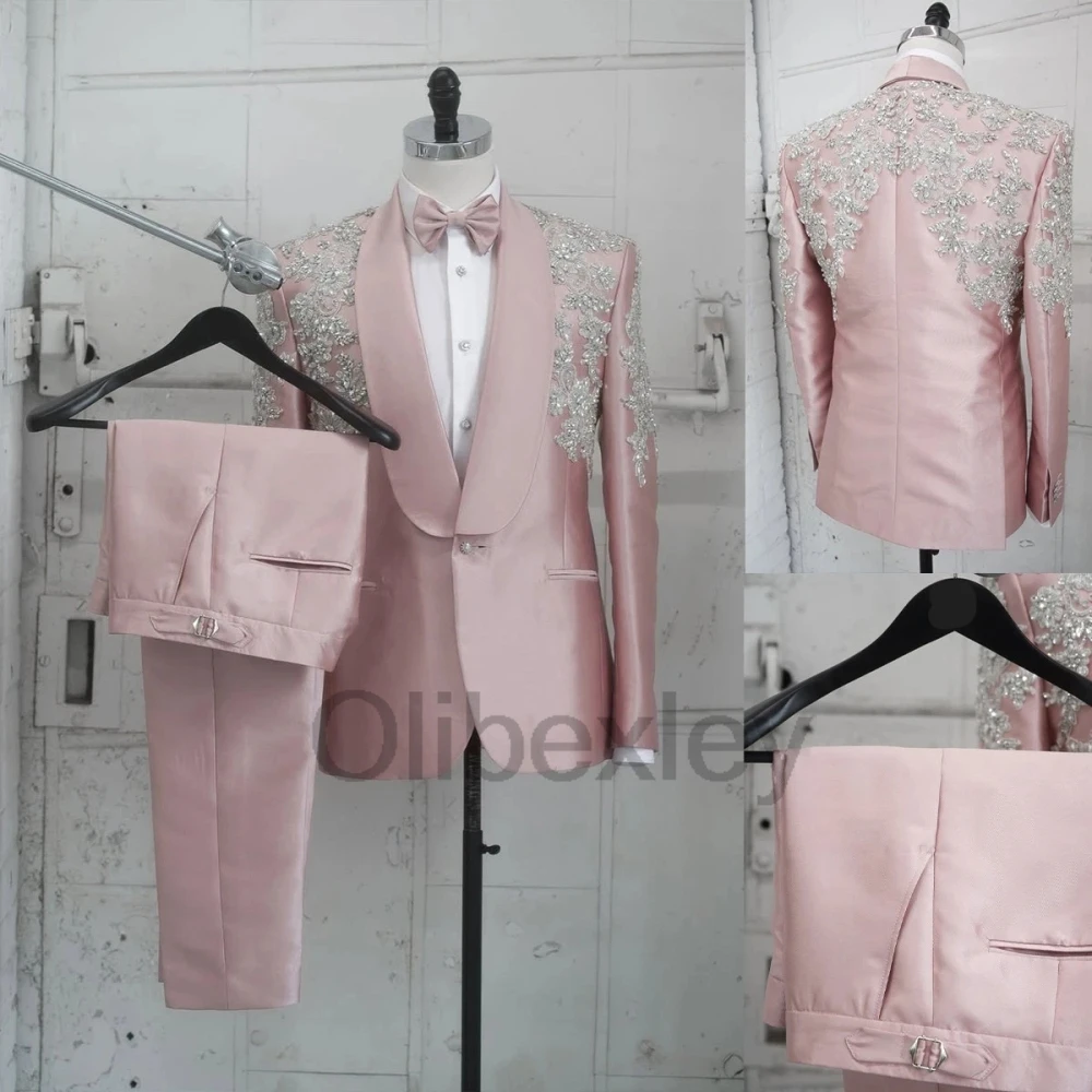 Olibexley Gorgeous Applique Men Suits Peak Lapel Groom Wedding Tuxedos 2 Pcs Sets Male Prom Blazers Ropa Hombre Customized S453