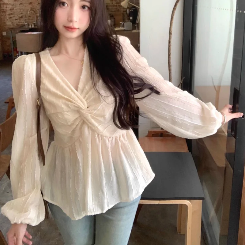 Autumn 2023 New V-neck Slim Long Sleeve Basic Casual Solid Wild Office Lady Pullover Chiffon Shirt Women's Clothing Y2k T-shirt