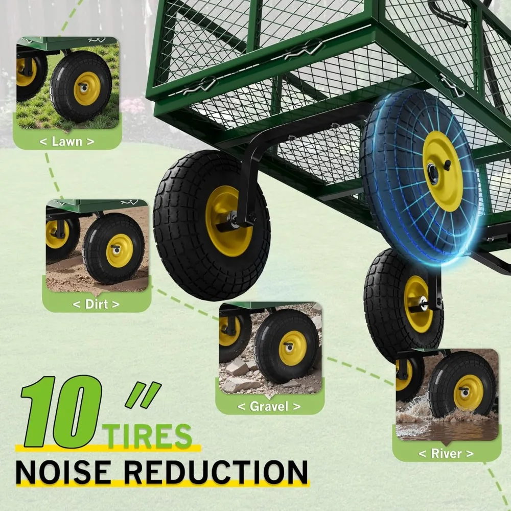 900ポンドスチールガーデンカート、頑丈なユーティリティワゴンカート、取り外し可能なメッシュサイド、10インチタイヤ、スイングアウトハンドル付き