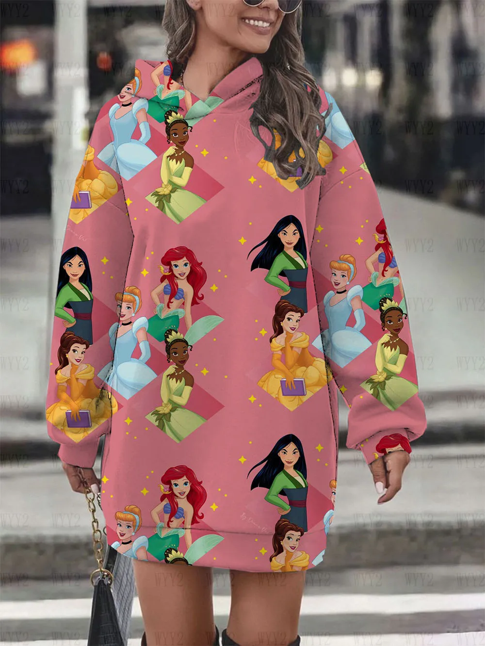 Autumn and Winter Disney Princess Family Portrait Print Women\'s Long Sleeve Pullover Hoodie Dress Elegant Party Birthday Gift