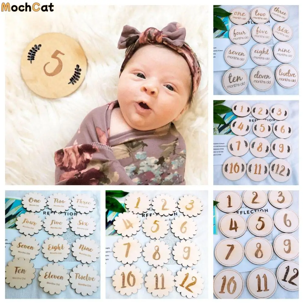 

Calendar Baby Milestone Photo Props Handmade Wooden Newborn Growth Commemorative Card Round 1-12 Month