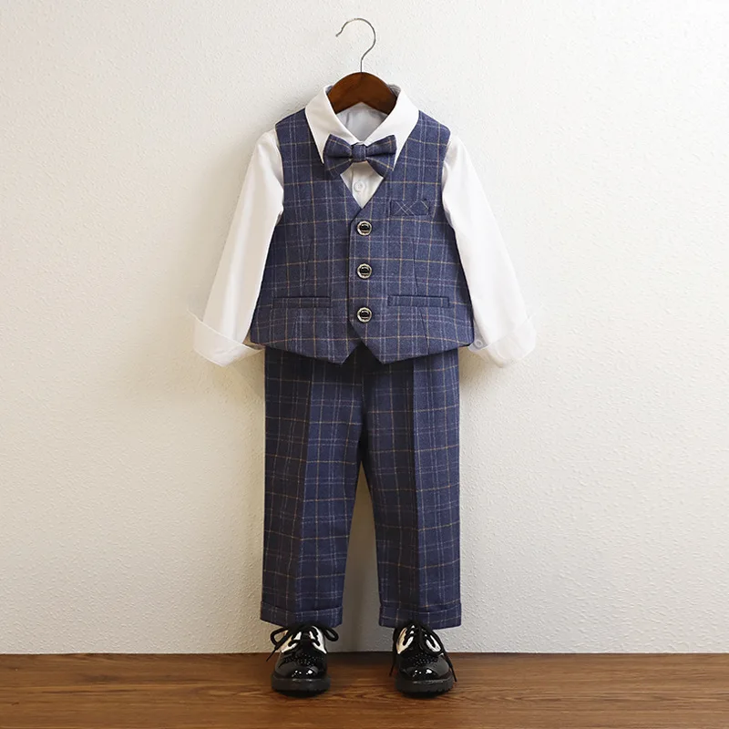 Children Suit Blue Gentlemen Plaid Piano Performance Costume Spring Fall School Uniform for Boys 2 3 4 6 Y Kids Birthday Tuxedo