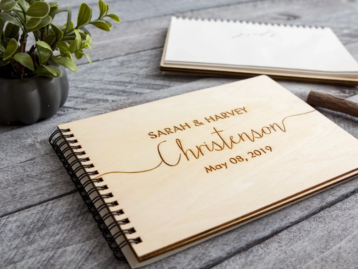 

Spiral Guestbook - Engraved Wood Wedding Guest Book, Custom Signing Engagement Party Bridal Shower Event Signature Book