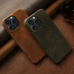 For iphone 15 Pro Case Luxury Crazy Horse Genuine Leather Cover for Funda iphone14 13 12 XR 7 8 SE Back Coque Shockproof Carcasa