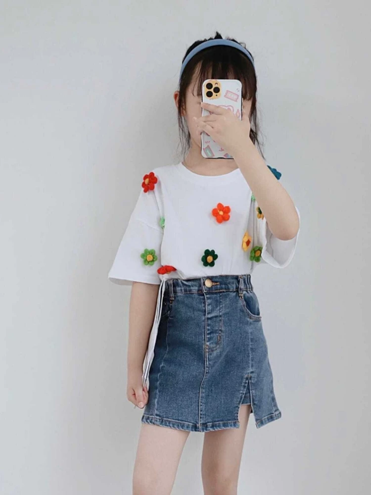 

Girls Summer Clothes Set 2026 New Kids Denim Skirt Short Sleeve T-Shirt 2 Piece Outfit for Big Girls Casual Holiday Fashion