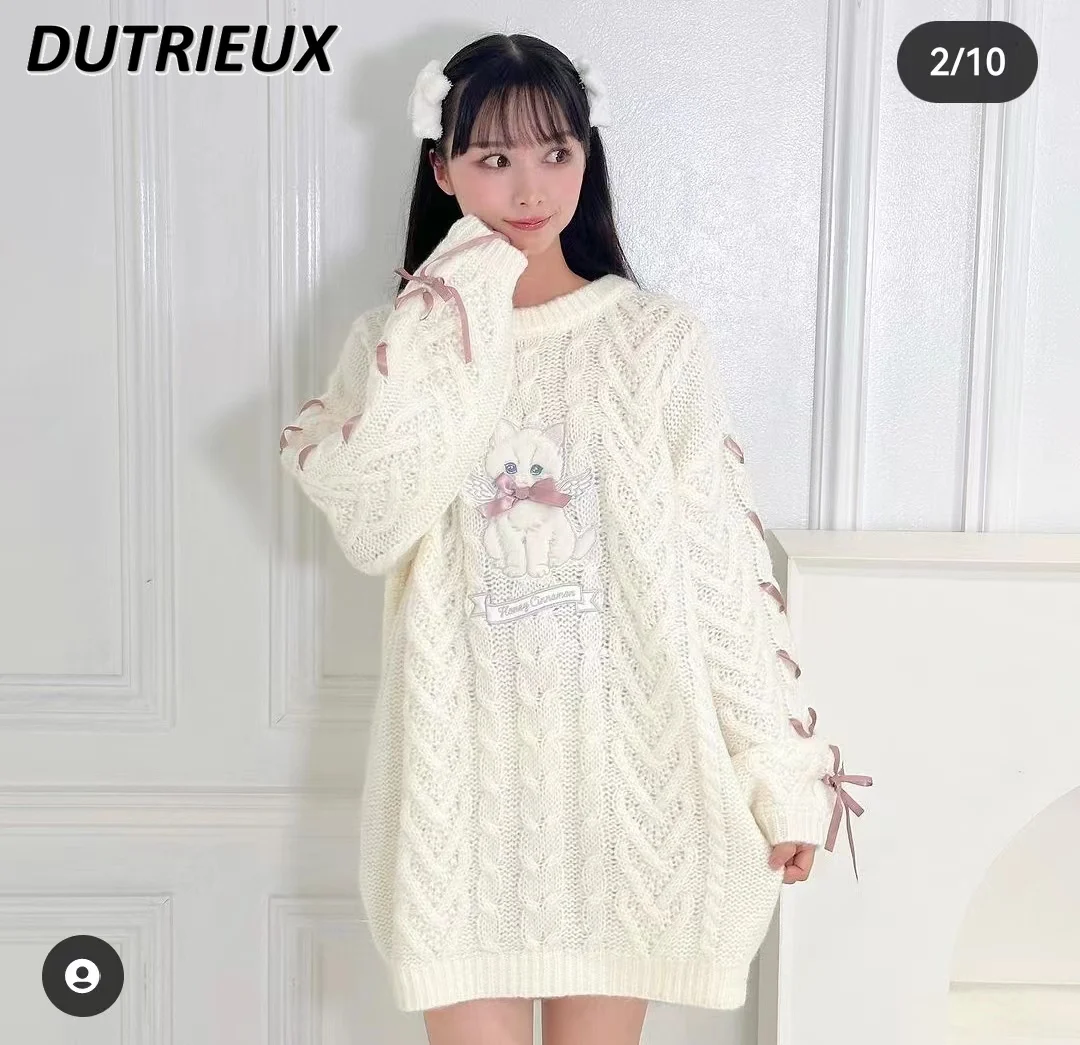 Autumn Winter 2023 Japanese Soft Glutinous Thick Kawaii Cat Knitted Dress Women Lolita Long Sleeve Oversized Mid-Length Sweater