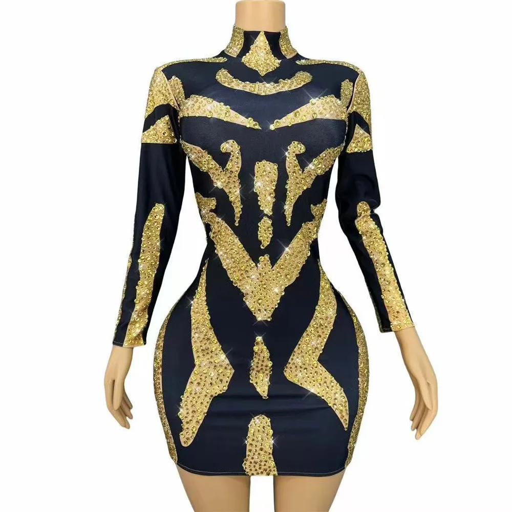 

Sexy Stage Shining Gold Rhinestones Trim Fit Long Sleeves Short Dress Women Birthday Party Celebrate Fashion Show Stage Wear