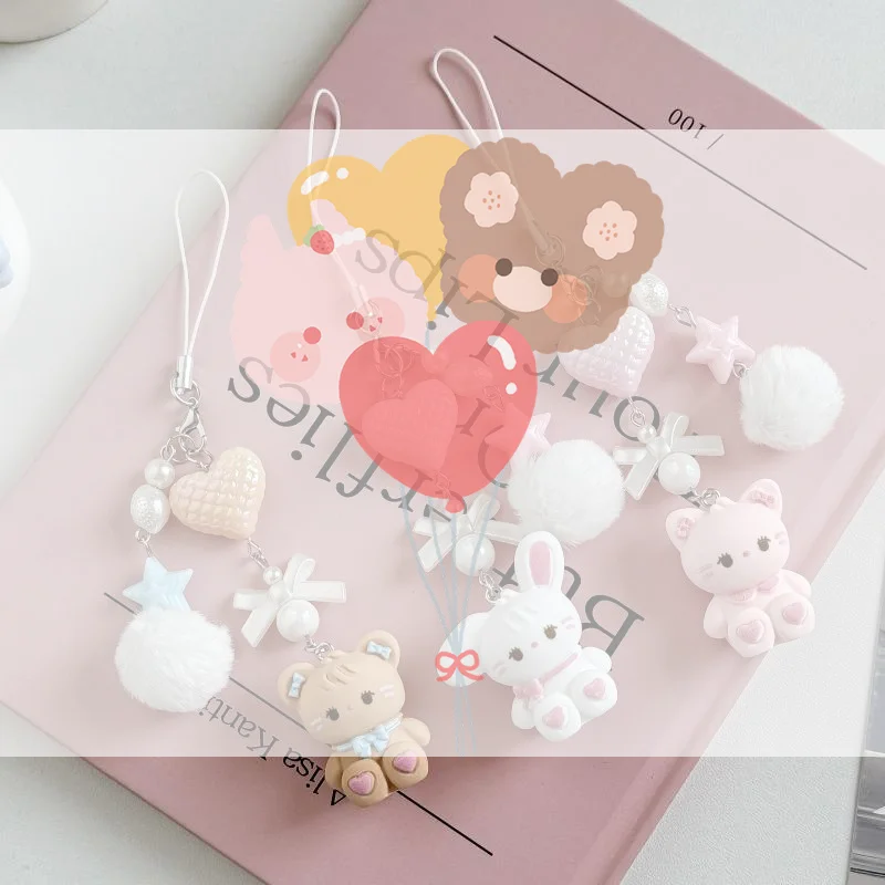 

Cute Rabbit Kitty Bear Pendant Key Chain Fluffy Ball Bow Bead Mobile Phone Chain Anti-Lost Lanyard Kawaii Bag Charm Gift