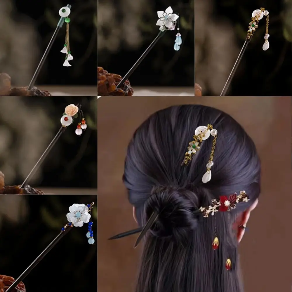 

Elegant Ancient Style Chinese Hair Stick Wooden Handmade Hanfu Hair Bun with Tassel VIntage Hairpin For Women Gifts