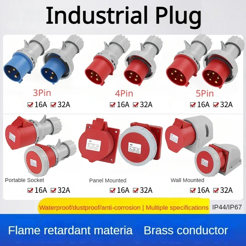 IP44 IP67 NEW Industrial Plug and Socket 16A 32A 3 Pin 4 Pin 5 Pin Wall Mounted Socket Panel Mounted Coupler