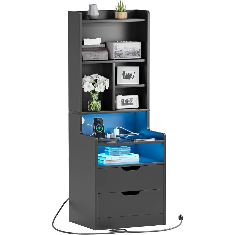 Tall Night Stand with Charging Station and LED Lights,Nightstand with Bookshelf,Bedside Table with Drawers & Power Outlets