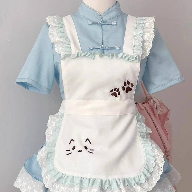 Japanese Kawaii Lolita Maid Dress Set Women Sweet Lace PatTchwork Cute Print Bow Apron Princess Dresses Elegant Party Mini Dress