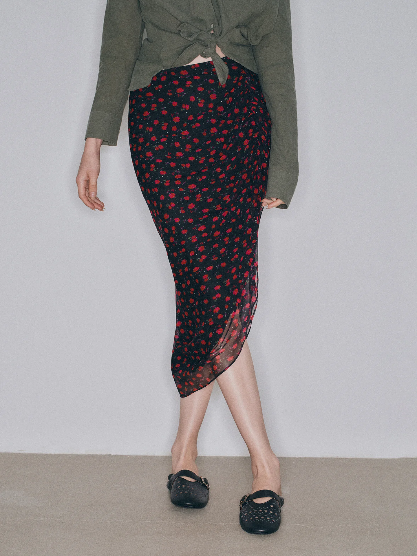 

Ele Red Rose Vintage Wrap Silk Georgette Pencil Skirt High Waist Skin Friendly Breathable No Stretch Daily Wear