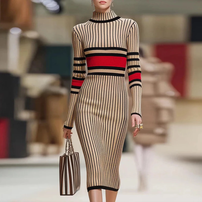 

Krisstargirl облегающее женское облегающее платье контрастного цвета, осень-зима 2022, полосатое платье миди с высоким воротом, вязаные элегантные женские платья