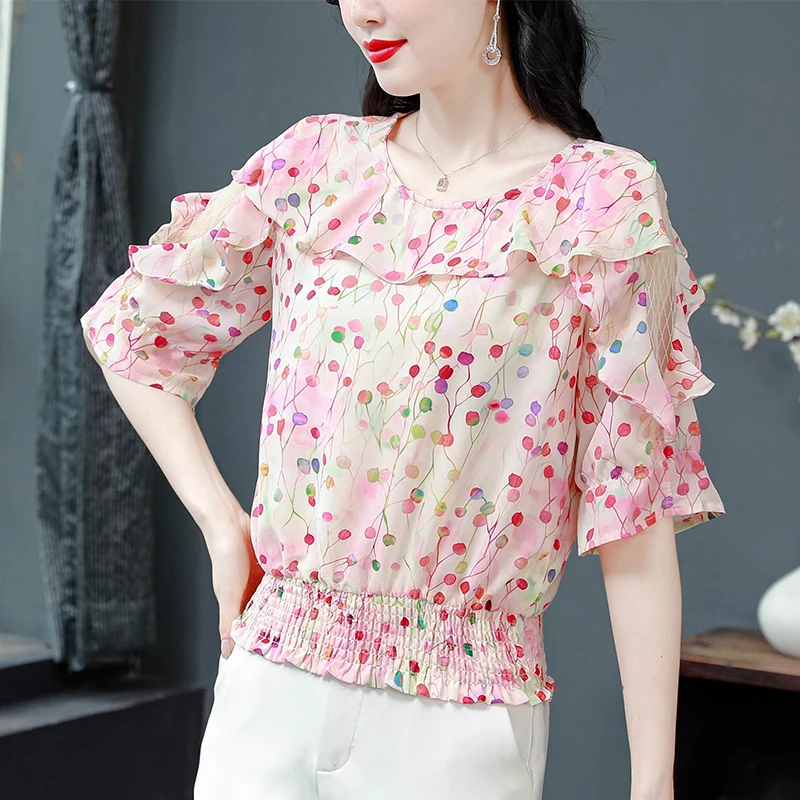 Korean Fashion Floral Printed Shirt Patchwork Mesh Tops Half Sleeve Ruffles Chiffon Blouse Casual Women Clothing