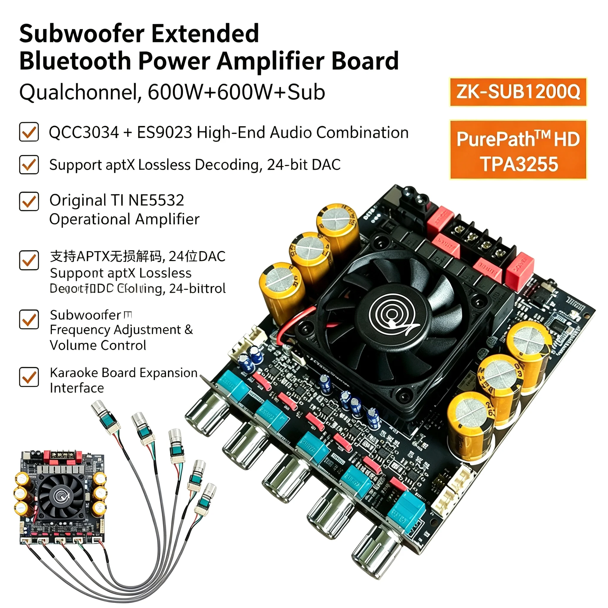 ES9023 Bluetooth Amp Board, Support Subwoofer Expansion, 600W*2 Output