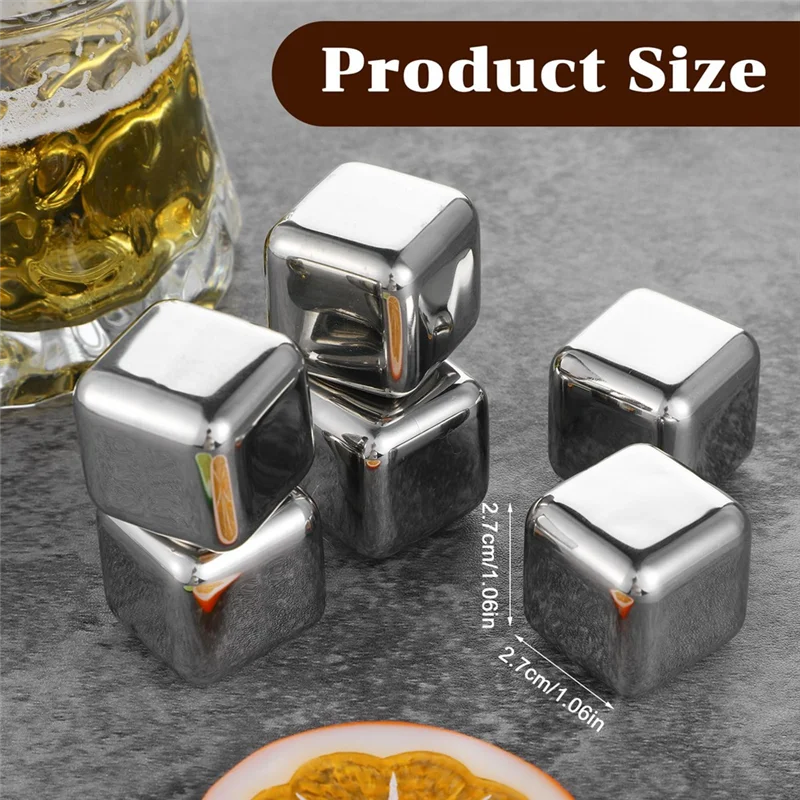 

AAAN-Reusable Metal Whiskey Stones 24 Pack Stainless Steel Ice Cubes High Cooling Chilling Rocks With Ice Tongs For Drinking