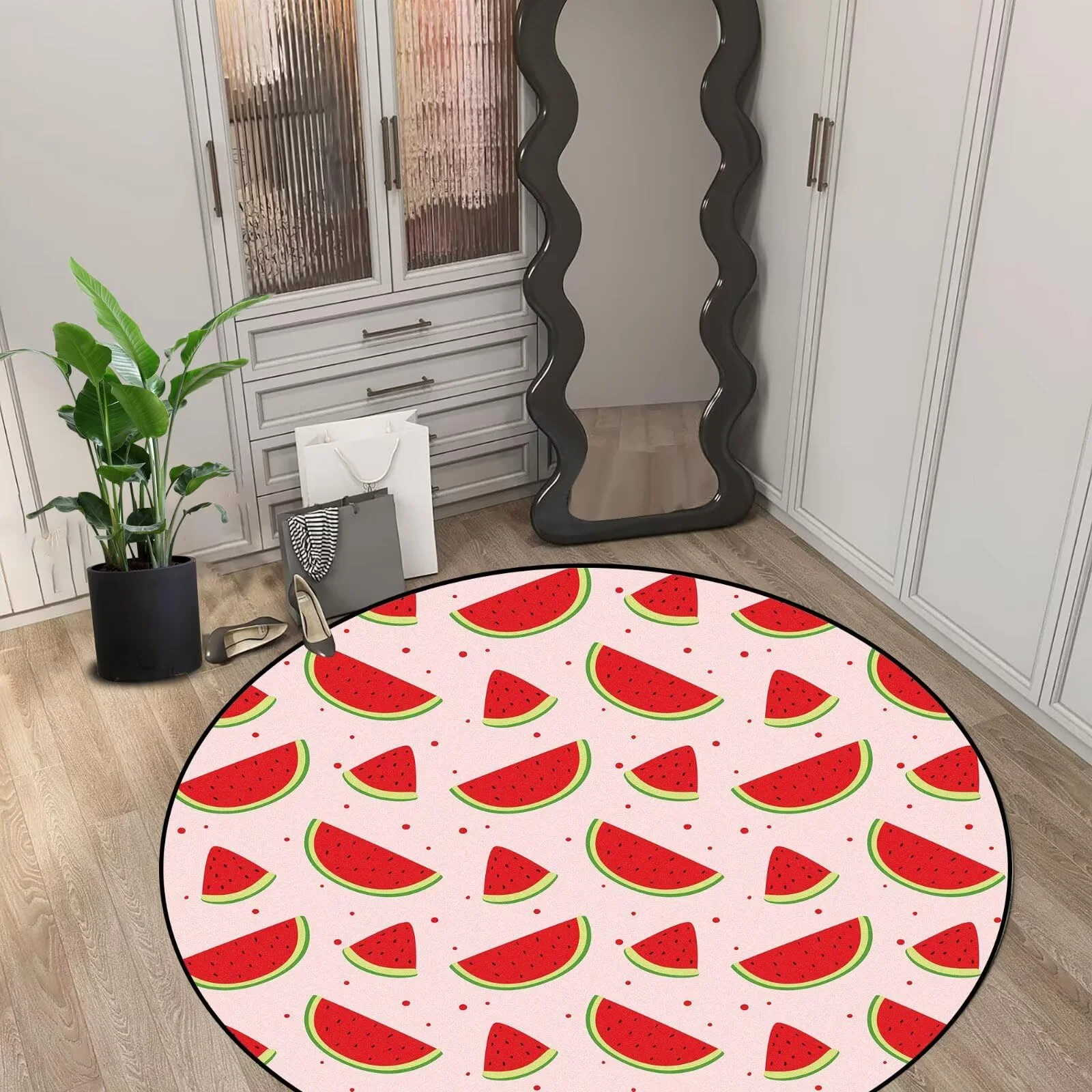 Cute Watermelon Print Round Rug, Pink Fruit-Themed Floor Mat for Bedroom, Dorm or Living Room, Waterproof & Non-Slip