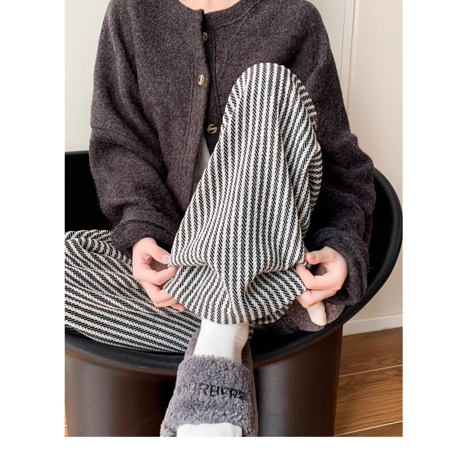 الكاكي العمودي مخطط السراويل الصوفية المرأة ربيع الخريف جديد الكورية نمط الرجعية مستقيم الساق الطابق طول مرونة الخصر واسعة