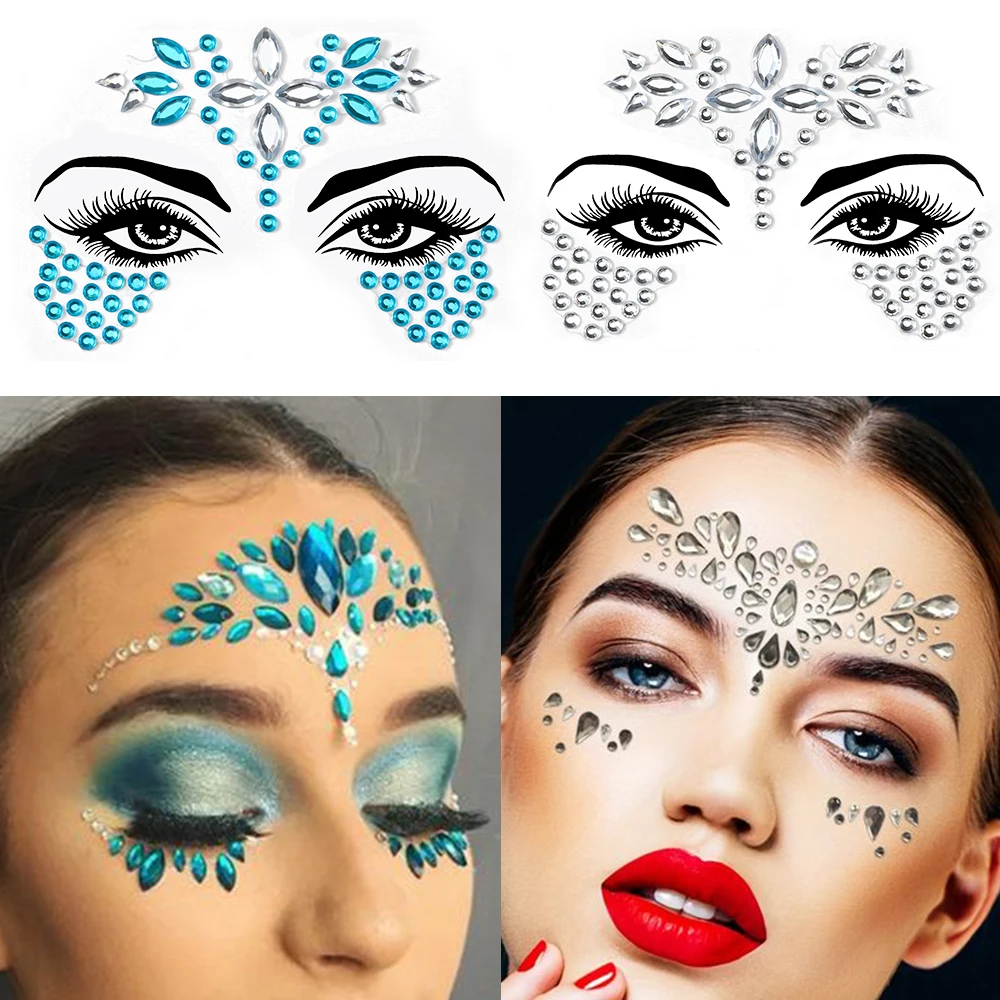 Pegatina de tatuaje temporal Sexy 3D, joyería facial, brillo biselado, diamantes de imitación de cristal, pegatina facial, maquillaje de vacaciones,