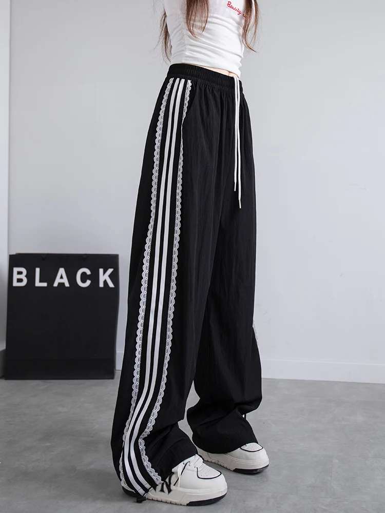 Korean Lace patchwork Women's trousers，Side Stripe Webbing Wide-Leg Pants, Casual Baggy Sweatpants,Women's pants trend 2026