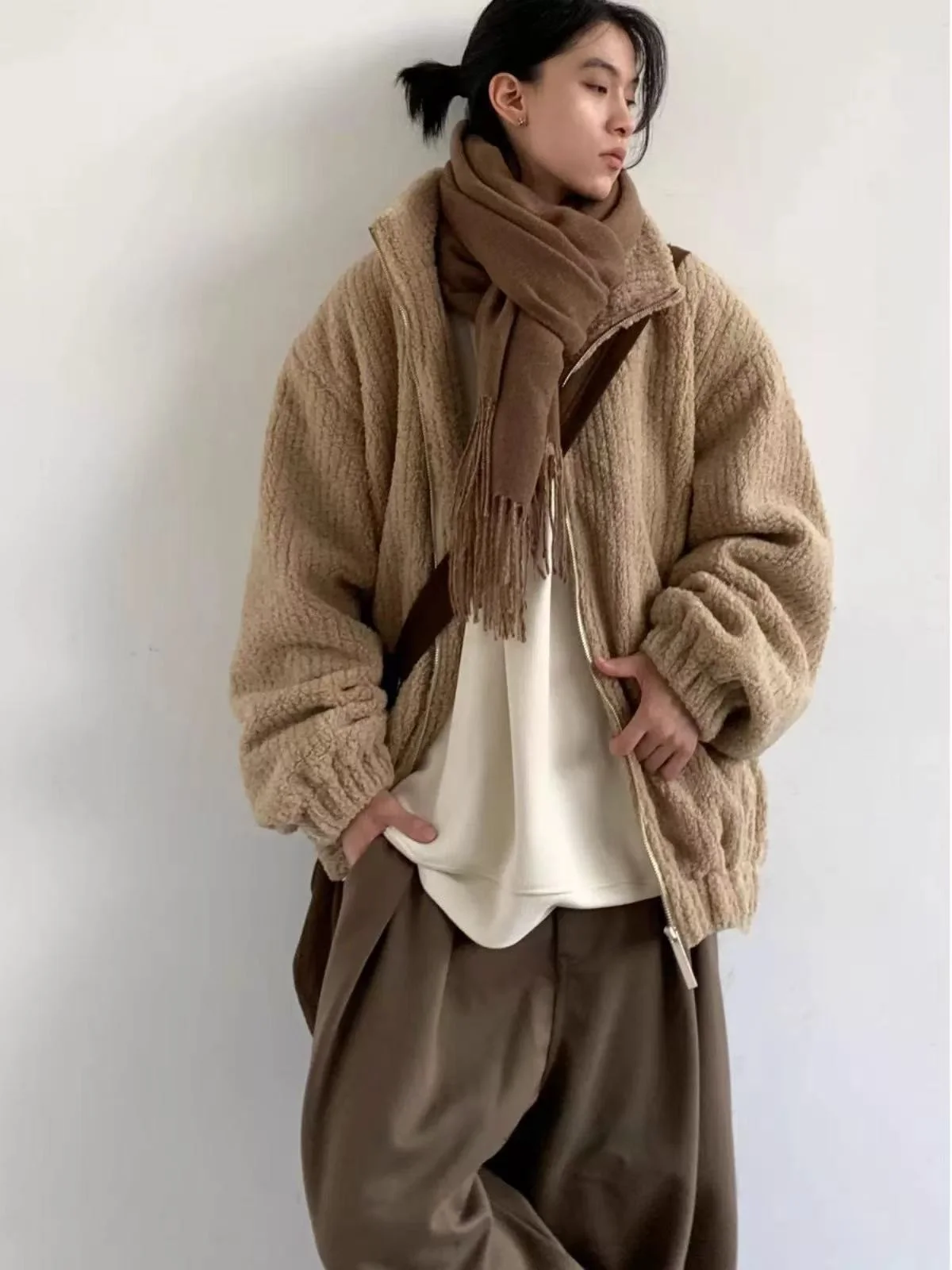 

Retro Japanese Khaki Lamb Velvet Jaet Loose Casual ex Autumn Winter Outerwear for Couples Youth Polyester Fiber