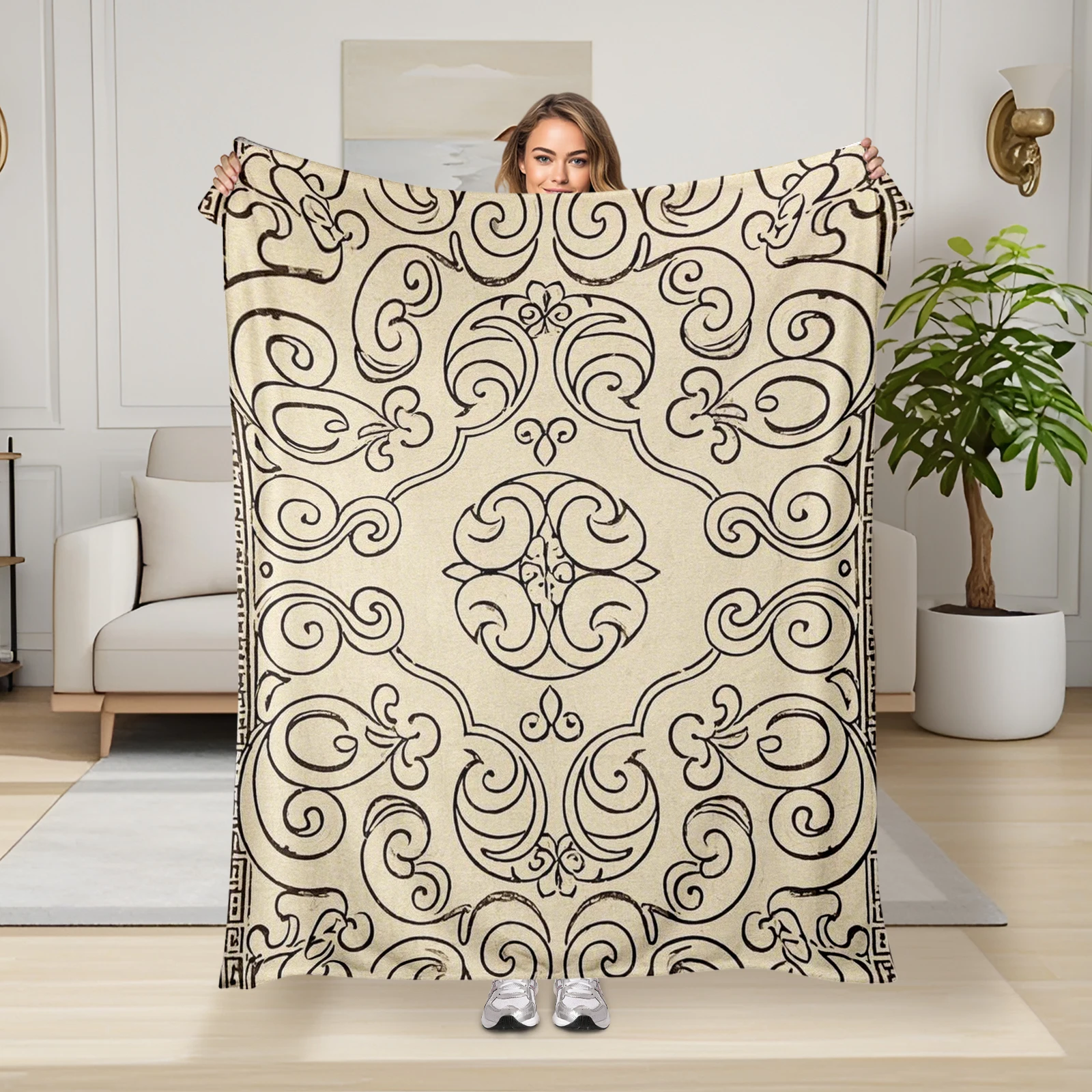 

Elegant Black And White Traditional Pattern Blanket Perfect For Family Gatherings And Festive Gifting