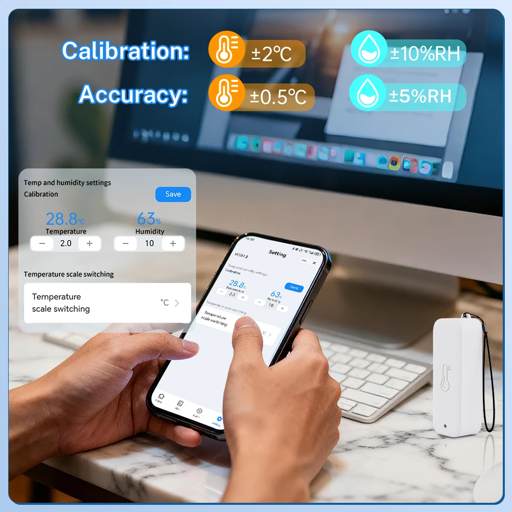 Stacja pogodowa Tuya WiFi Cyfrowy termometr Higrometr pokojowy RF433 Czujniki temperatury i wilgotności wewnętrznej i zewnętrznej Zegar stołowy/ścienny — zdjęcie produktu 5