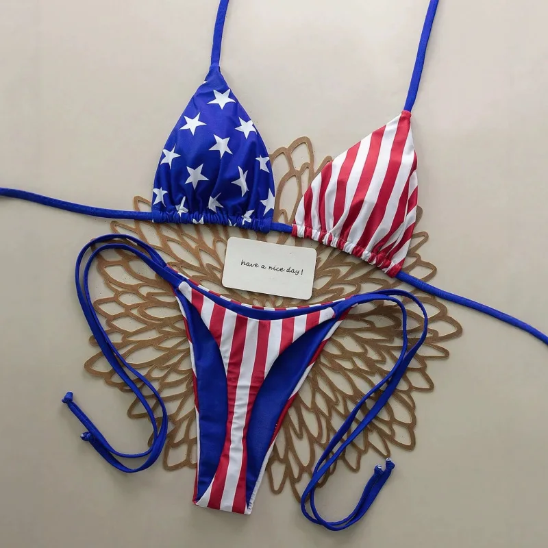 Asymmetric atmosphere, star striped flag, bikini set, women's triangle cup, hanging neck, vacation swimsuit