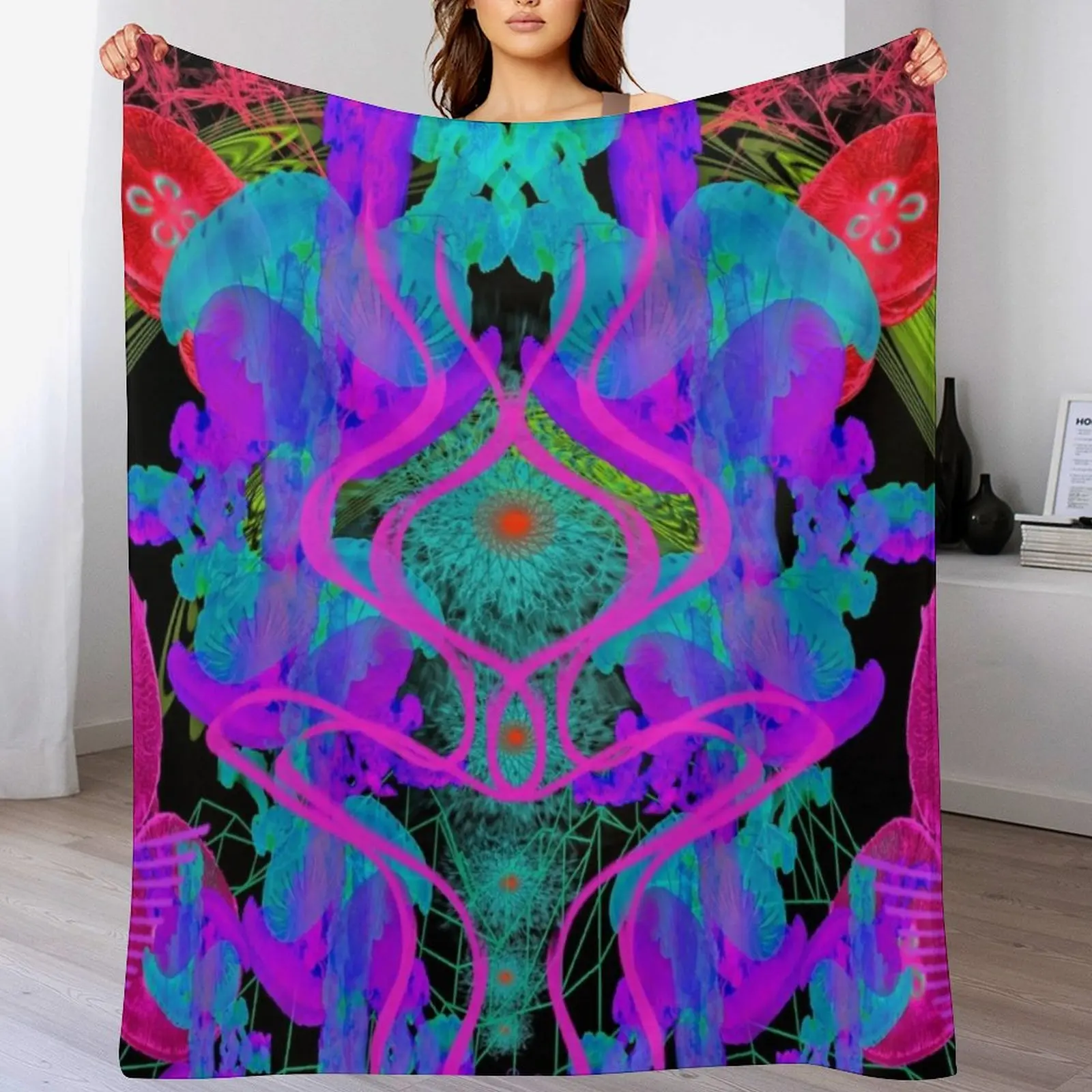 Jellyfish Warp (Psychedelic Blacklight UV Ultraviolet) Throw Blanket For Baby Large Blankets