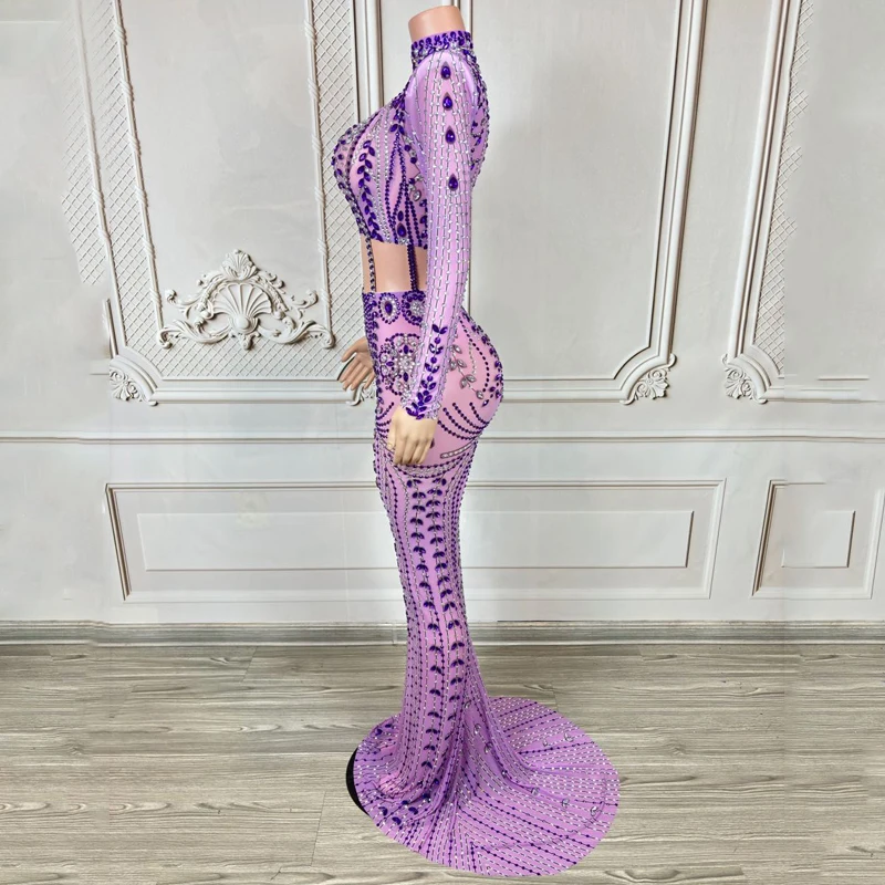 

Purple Rhinestones Celebrate Party Evening Dress Women Singer Festival Jazz Costume Stage Performance Catwalk Outfit