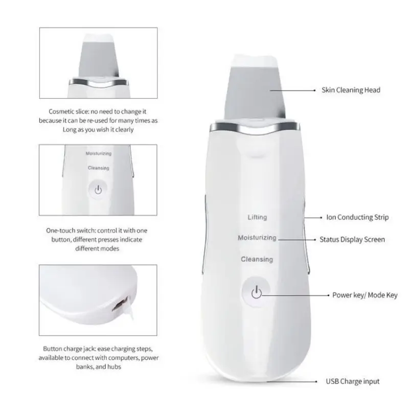 Limpiador ultrasónico para la piel, máquina de limpieza facial profunda, herramientas de cuidado con carga USB, dispositivo de belleza, exfoliante