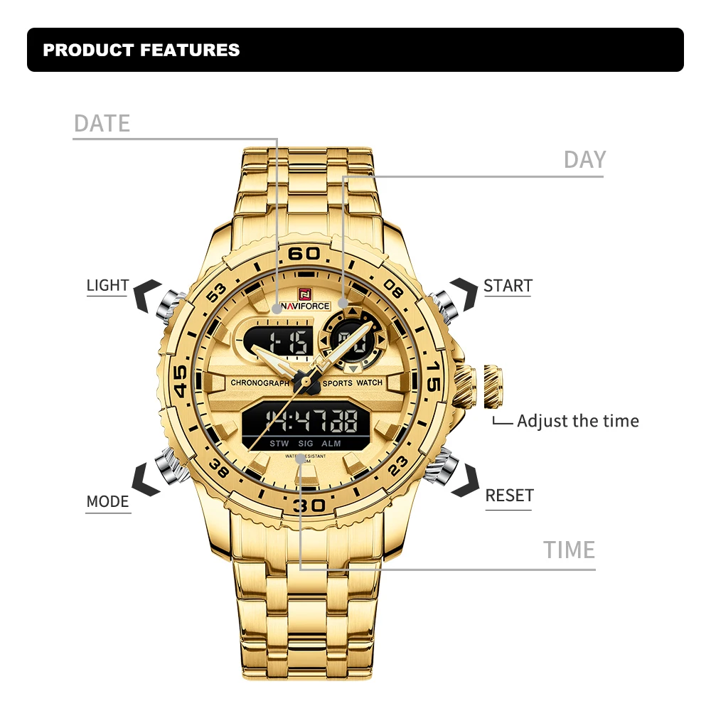 New Style NAVIFORCE Men\'s Golden Luxury LCD Digital Wristwatches Male Fashion 3ATM Water Resistant Stainless Steel Band Watches