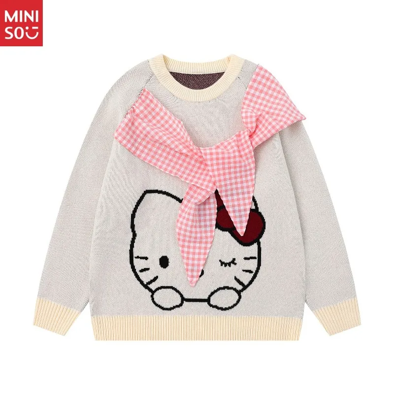 

Miniso Japanese Retro Cartoon Jacquard Shirt Patchwork Raglan Sweater Unisex Fall Winter Versatile Knit Top