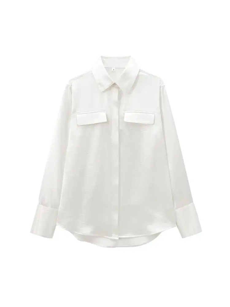 Satin Shirts with Pockets for Women, Long Sleeve, Button-up, Female Blouses, Chic Tops, Fashion