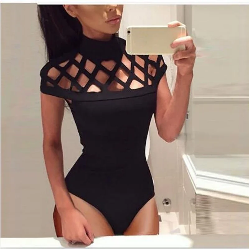 Sexy Ladies Women Short Sleeve Turtleneck Black Hollow  Slim Fit Skinny Bodysuits Fashion Stretch Leotard